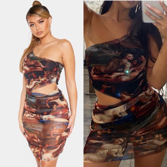 Women's Multi Renaissance Print Mesh One Shoulder Cut Out Ruched Bodycon Dress - Size 6